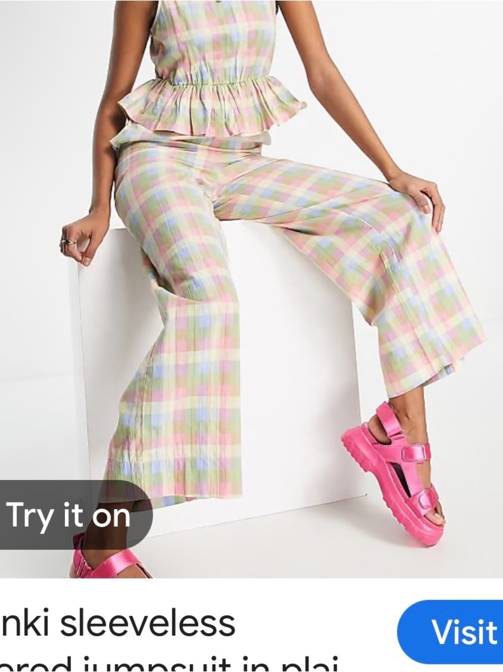 Monki Pastel Plaid Ruffle-Waist Wide-Leg Jumpsuit Size medium - Picture 2 of 11